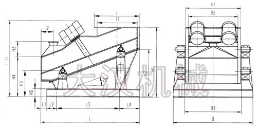 ZSG礦用振動篩外形示意圖：B為礦用振動篩寬度，L為礦用振動篩長度。H為礦用振動篩高度等。